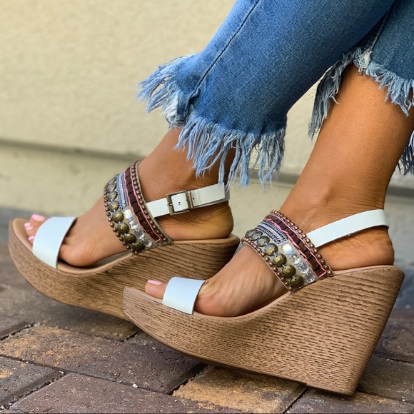 White Leather Boho Embellished Wedge Sandal - Picture 2 of 8